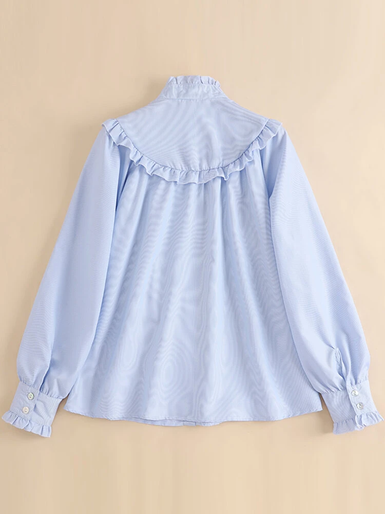 Stripe Print Ruffle Trim Button Front Long Sleeve Blouse 2 Stripe Print Ruffle Trim Button Front Long Sleeve Blouse - Image 2