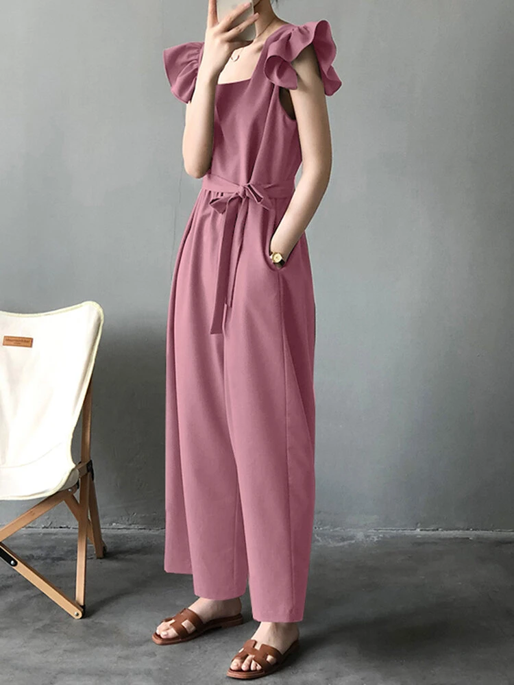 Solid Ruffle Sleeve Pocket Square Collar Wide Leg Jumpsuit 8 Solid Ruffle Sleeve Pocket Square Collar Wide Leg Jumpsuit - Image 8