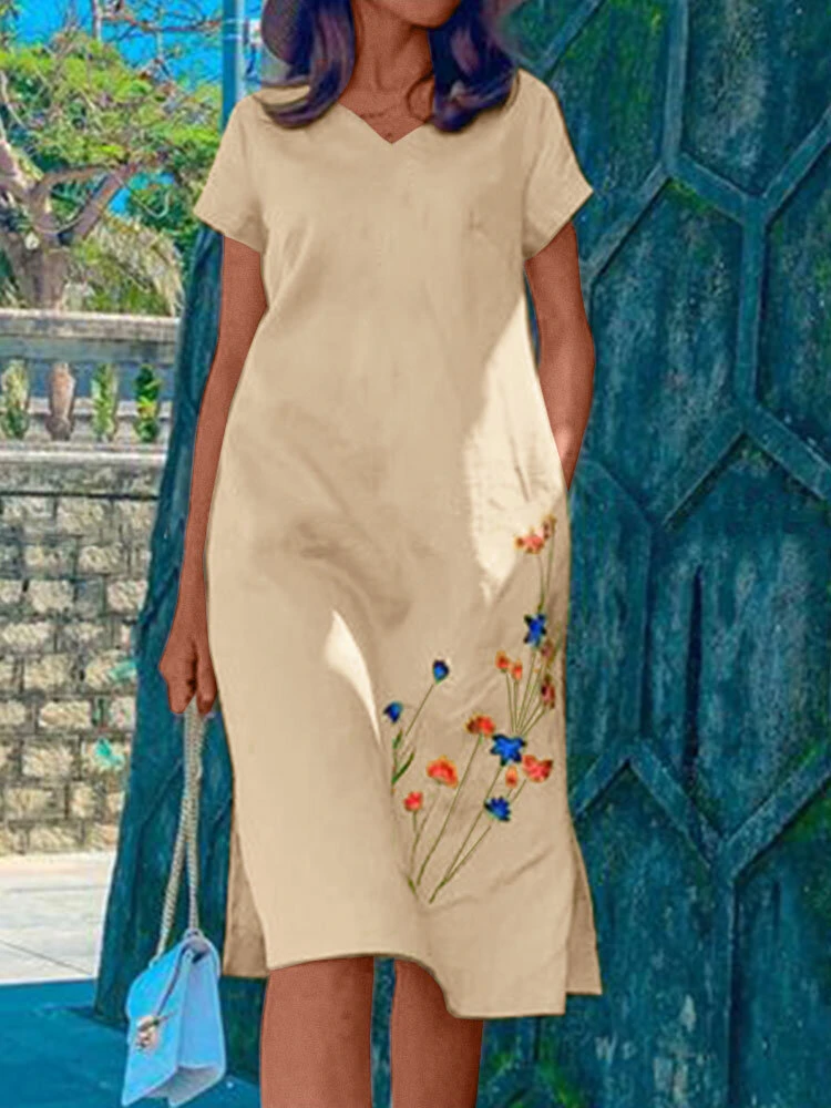 Women Floral Embroidered V-Neck Side Split Cotton Dress 4 Women Floral Embroidered V-Neck Side Split Cotton Dress - Image 4