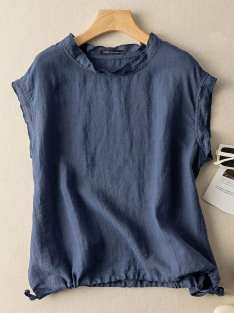 Women Solid Drawstring Hem Cotton Sleeveless Tank Top 2 Women Solid Drawstring Hem Cotton Sleeveless Tank Top - Image 2