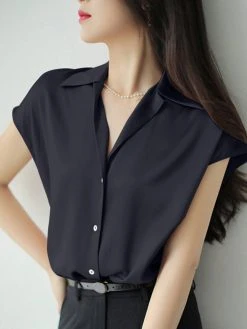 Solid Satin Button Lapel Short Sleeve Women Shirt -Zanzea Shop 7a4d1b47 5b6c 4374 8537 77cf614b65ca