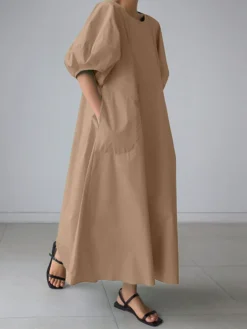 Lantern Sleeve Loose Pocket Solid Crew Neck Maxi Dress -Zanzea Shop 7a545453 f228 4ae8 ac11 e3e3e36fa61a