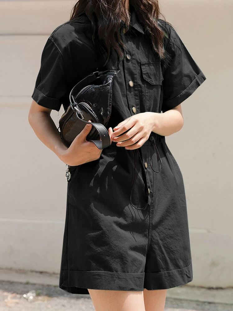 Solid Drawstring Waist Pocket Lapel Short Sleeve Cargo Romper 12 Solid Drawstring Waist Pocket Lapel Short Sleeve Cargo Romper - Image 12
