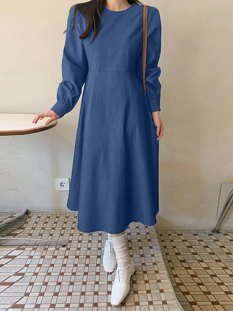 Solid Long Sleeve Casual A-line Denim Dress 3 Solid Long Sleeve Casual A-line Denim Dress - Image 3