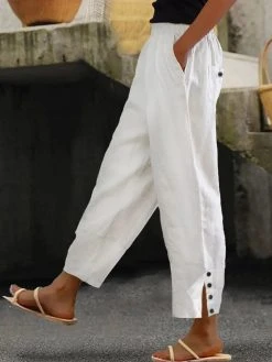 Women Solid Side Split Button Cuff Cotton Cropped Pants