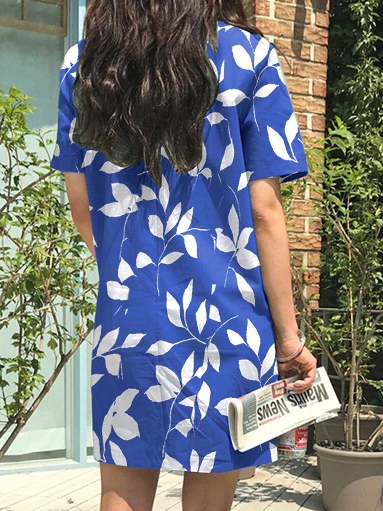 Leaves Print Pocket Crew Neck Short Sleeve Casual Dress 6 Leaves Print Pocket Crew Neck Short Sleeve Casual Dress - Image 6