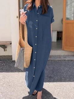Solid Slit Pocket Button Front Lapel Maxi Shirt Dress -Zanzea Shop 7a93d113 d9a8 4053 9e3a 9d74a0aa3bd9