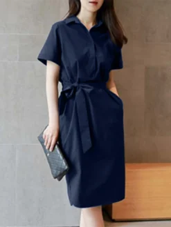 Solid Tie Front Pocket Lapel Short Sleeve Casual Dress -Zanzea Shop 7aa5caed 9a29 4b79 8ea0 56f0bfba8d37