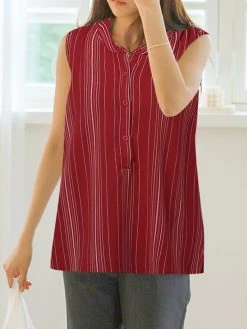 Women Striped Stand Collar Half Button Sleeveless Tank Top -Zanzea Shop 7ab6b7ec 3ad8 44b3 9f43 69808cb1f63c