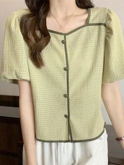Contrast Square Collar Button Decor Short Sleeve Blouse -Zanzea Shop 7adf5572 1a1e 49c2 8451 b452f3c6e9f7