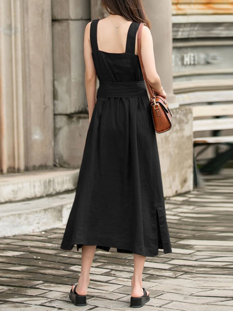 Women Solid Button Front Split Hem Straps Dress With Belt 6 Women Solid Button Front Split Hem Straps Dress With Belt - Image 6