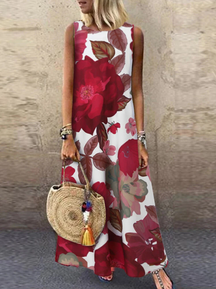 Flower Print Crew Neck Sleeveless Maxi Dress For Women 2 Flower Print Crew Neck Sleeveless Maxi Dress For Women - Image 2
