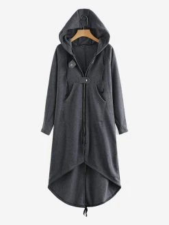 Women Zipper Long Sleeve Irregular Hem Hooded Coat