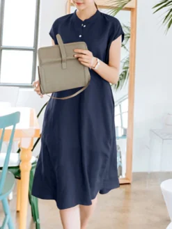Solid Tie Back Button Front Short Sleeve Stand Collar Dress -Zanzea Shop 7b5a86c7 f0e3 49f6 8bec 82818760b5e5