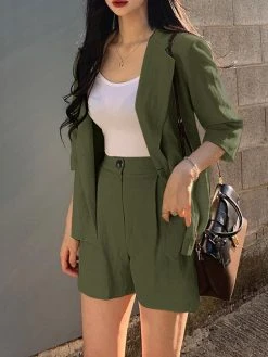 Solid 3/4 Sleeve Lapel Elastic Waist Two Pieces Suit -Zanzea Shop 7b679f5f 03ce 45cf 9698 c83d0d239044