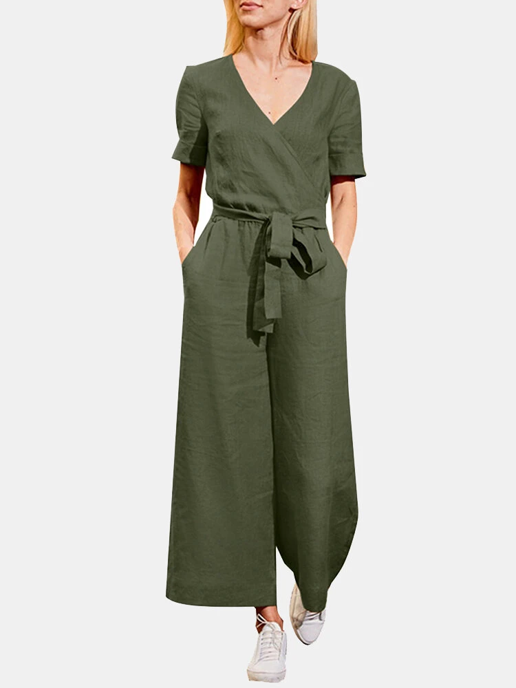 Solid Sash Pocket V Neck Casual Jumpsuit 1 Solid Sash Pocket V Neck Casual Jumpsuit