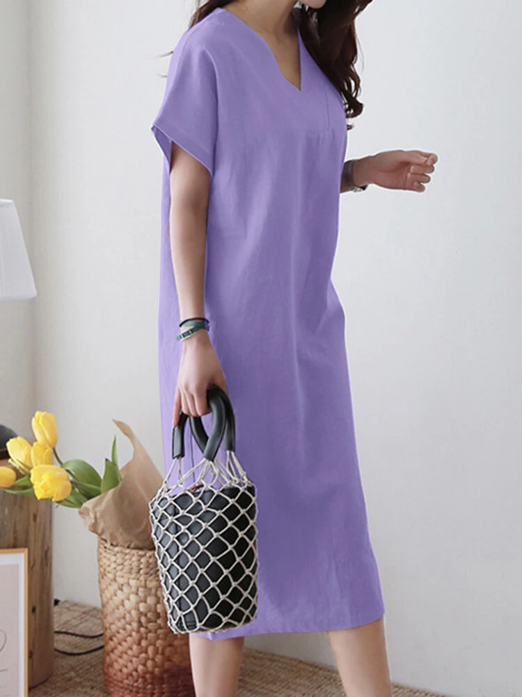 Solid V-neck Short Sleeve Dress For Women 3 Solid V-neck Short Sleeve Dress For Women - Image 3