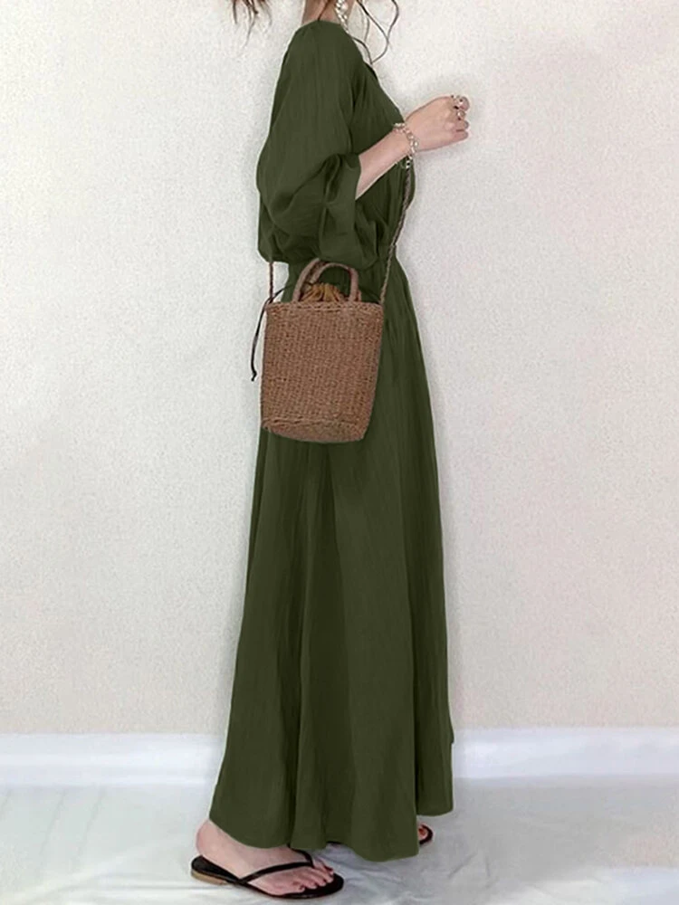 Solid Button Elastic Waist V Neck Casual Maxi Dress 4 Solid Button Elastic Waist V Neck Casual Maxi Dress - Image 4