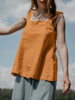 Women Solid Square Collar Cotton Sleeveless Tank Top