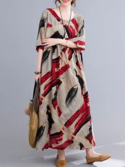 Abstract Painted Loose O-neck Half Sleeve Women Vintage Dress -Zanzea Shop 7c47f052 fbc5 42cc 9200 22835c5e7d51