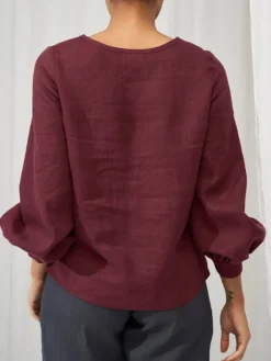 Solid Lantern Sleeve Button Front Crew Neck Blouse -Zanzea Shop 7c4a590f 2d47 40f7 8427 6ae232521b98