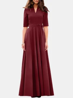 Solid V-neck Half Sleeve Swing Maxi Dress With Belt