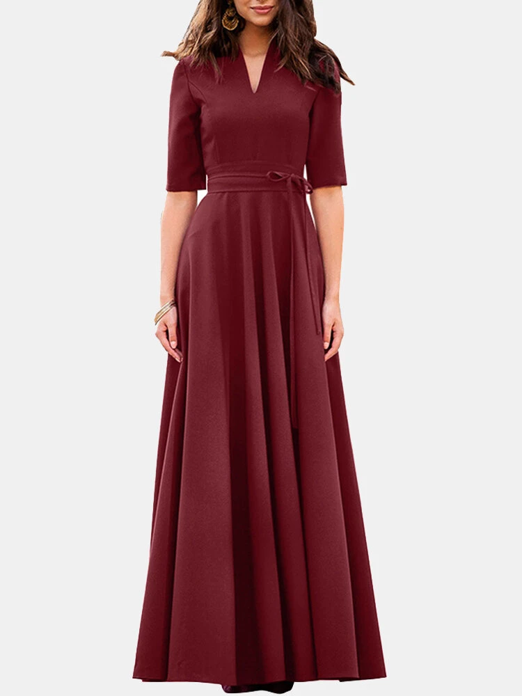 Solid V-neck Half Sleeve Swing Maxi Dress With Belt 1 Solid V-neck Half Sleeve Swing Maxi Dress With Belt