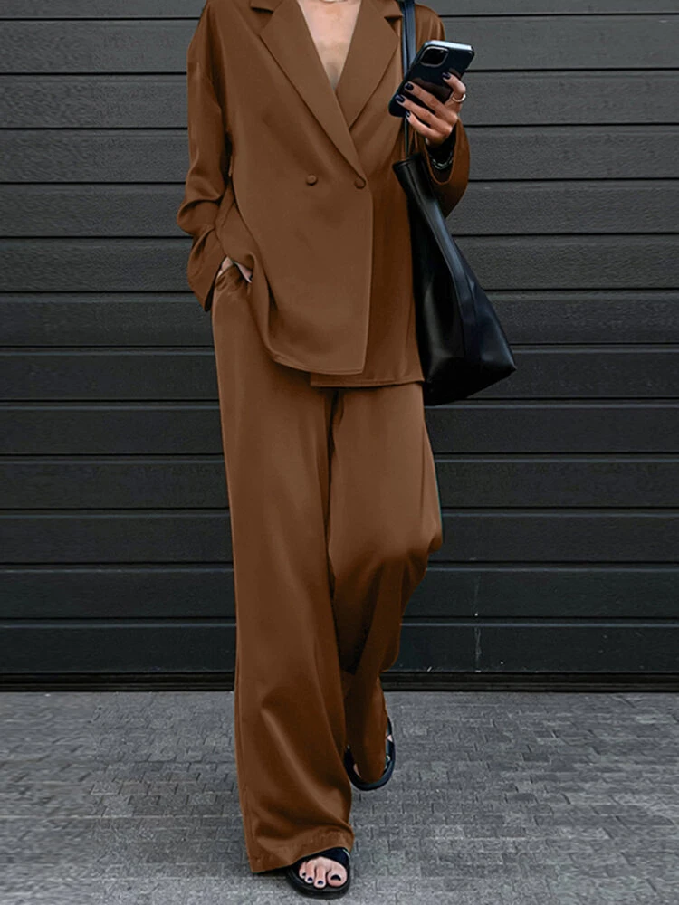 Solid Satin Long Sleeve Pocket Wide Leg Two Pieces Suit 7 Solid Satin Long Sleeve Pocket Wide Leg Two Pieces Suit - Image 7