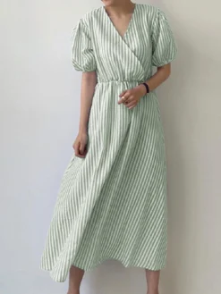 Puff Sleeve Wrap V-neck Stripe Print Midi Dress -Zanzea Shop 7cdd91a7 23b6 4d16 b50d 84a92420ee16
