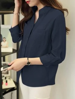 Solid Button Front Stand Collar 3/4 Sleeve Blouse -Zanzea Shop 7ceb3585 ee47 4f14 a92d 14b38c55d30f