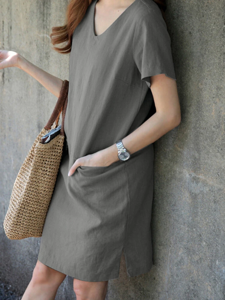Solid Pocket Slit Hem V-neck Short Sleeve Vintage Dress 2 Solid Pocket Slit Hem V-neck Short Sleeve Vintage Dress - Image 2