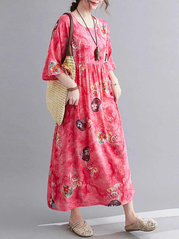 Painted Geometry Print Loose 3/4 Length Sleeve O-neck Vintage Dress 9 Painted Geometry Print Loose 3/4 Length Sleeve O-neck Vintage Dress - Image 9