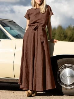 Solid Pocket Swing Short Sleeve Maxi Dress With Belt -Zanzea Shop 7d4ea524 f6e6 4d9d 990d 606dd0f13c2f