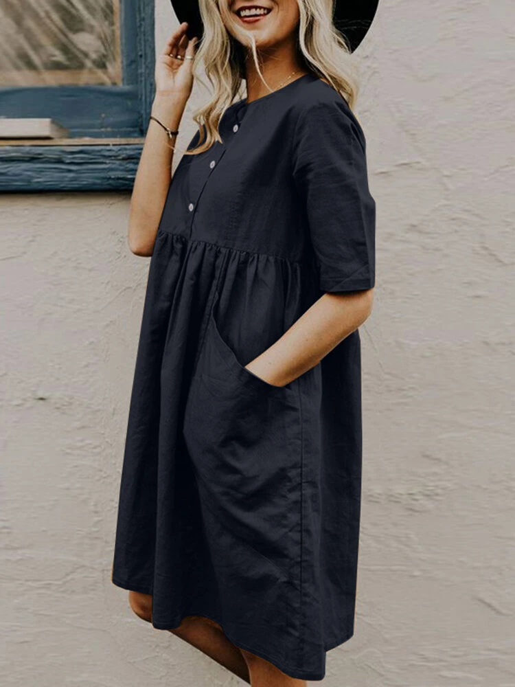 Solid Button Pocket Short Sleeve Casual Cotton Midi Dress 2 Solid Button Pocket Short Sleeve Casual Cotton Midi Dress - Image 2