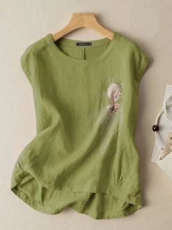 Cartoon Girl Pattern Crew Neck Sleeveless Tank Top