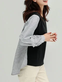 Stripe Patchwork High-low Long Sleeve Crew Neck Blouse -Zanzea Shop 7d9ac34d 12f8 4f42 b8d0 2d2884207e1e