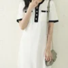 Contrast Pocket Short Sleeve Notch Neck Casual Dress
