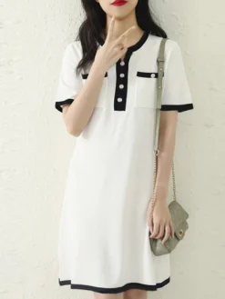 Contrast Pocket Short Sleeve Notch Neck Casual Dress