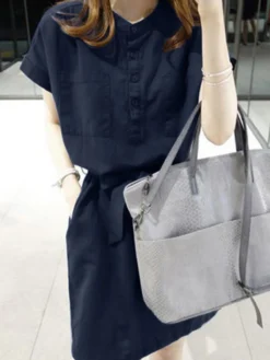 Solid Pocket Button Front Casual Dress With Belt -Zanzea Shop 7debe844 bc1a 4a68 94c5 412f317b6508