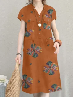 Vintage Floral Print Notch Neck Drawstring Waist Cotton Dress -Zanzea Shop 7e188649 b8b6 4673 8db1 00a765d322cb
