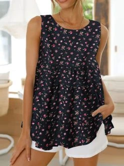 Calico Ruffle Round Neck Sleeveless Casual Cotton Blouse