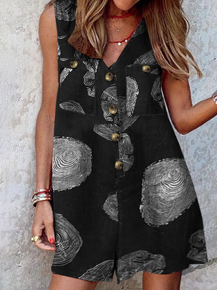 Print Button Pocket Sleeveless V Neck Casual Cotton Romper 2 Print Button Pocket Sleeveless V Neck Casual Cotton Romper - Image 2