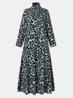 Leopard Print Zip Front High Neck Plus Size Long Dress For Women