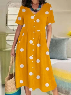 Dot Print Pocket V-neck Short Sleeve Casual Dress -Zanzea Shop 7e8414cd 37a9 405f bdaf 1a8d95009246
