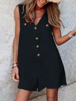 Solid Pocket Button Sleeveless V Neck Casual Romper