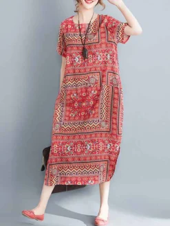 Vintage Allover Tribal Pattern Slit Hem Short Sleeve Dress -Zanzea Shop 7ebb0973 b8bd 4b9b bf7c f8d59afd740a