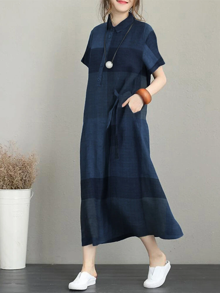 Check Print Pocket Button Front Short Sleeve Lapel Dress 4 Check Print Pocket Button Front Short Sleeve Lapel Dress - Image 4