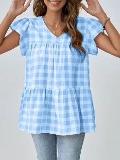 Women Check Print Ruffle Sleeve V-neck A-line Blouse 14 Women Check Print Ruffle Sleeve V-neck A-line Blouse -Zanzea Shop 7ee5f479 e661 4787 825e 273d96c2c30e