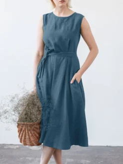 Solid Sleeveless Pocket Crew Neck Dress With Belt -Zanzea Shop 7f1b7e8c 93dc 44f0 a92d 71473e313f20