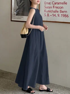 Solid Sleeveless Pocket Swing Crew Neck Cotton Maxi Dress -Zanzea Shop 7f1d8732 b072 42fb 9906 c0ae60a6ac07